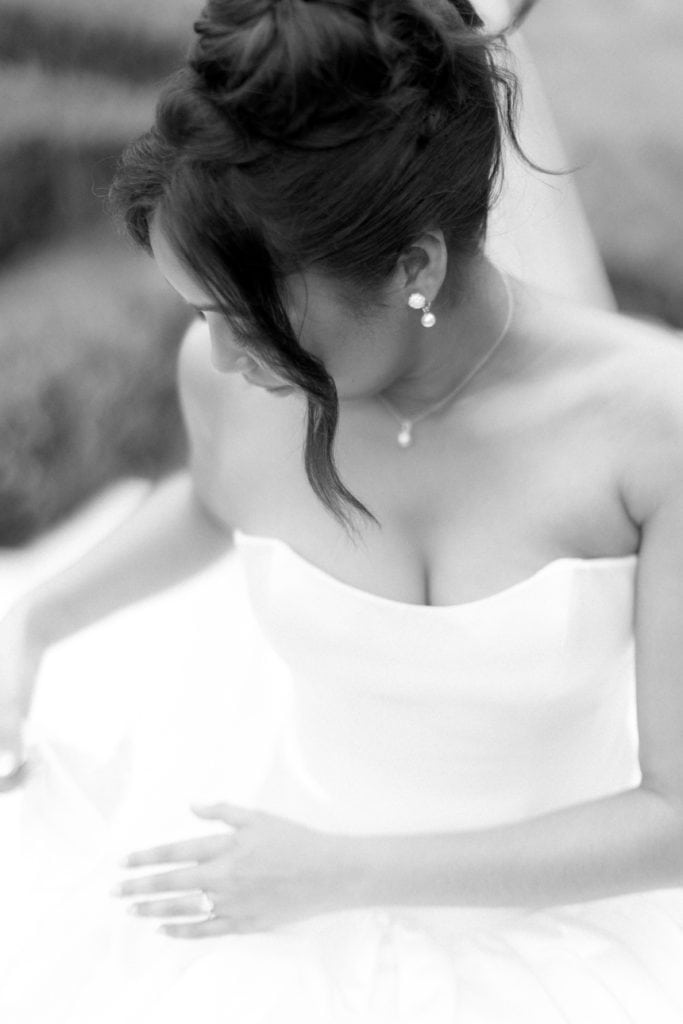 Close-up of a bride's face, jewelry, and dress in black and white for wedding photography SEO.