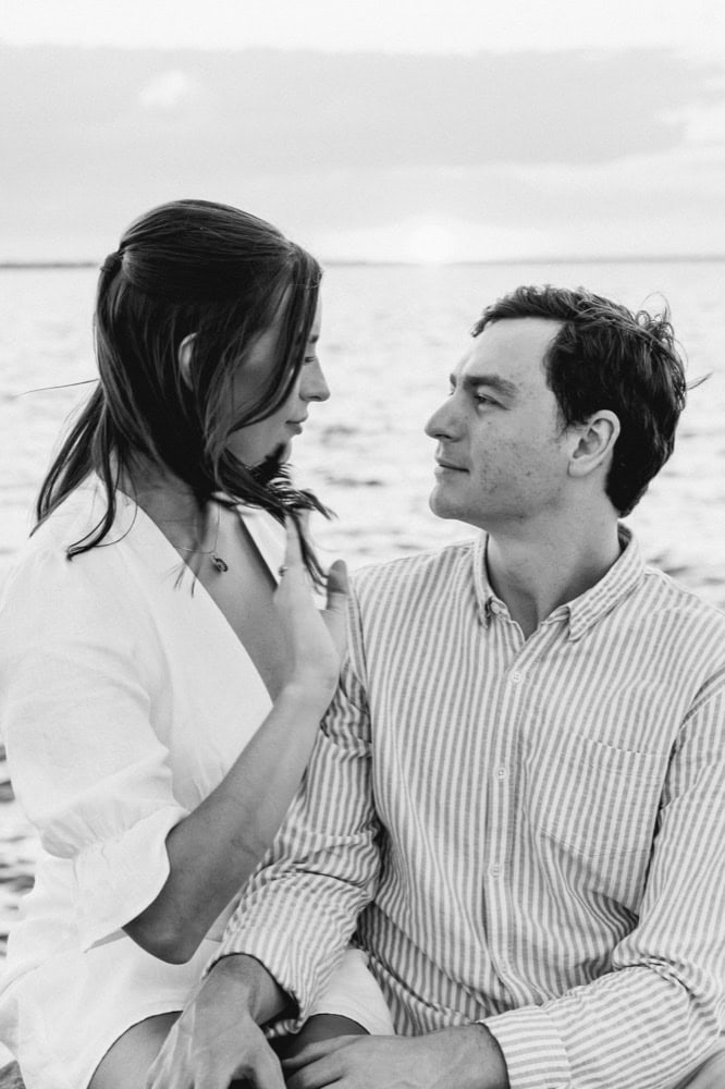 Couple at sunset on the lakefront, romantic wedding photography in New Orleans.