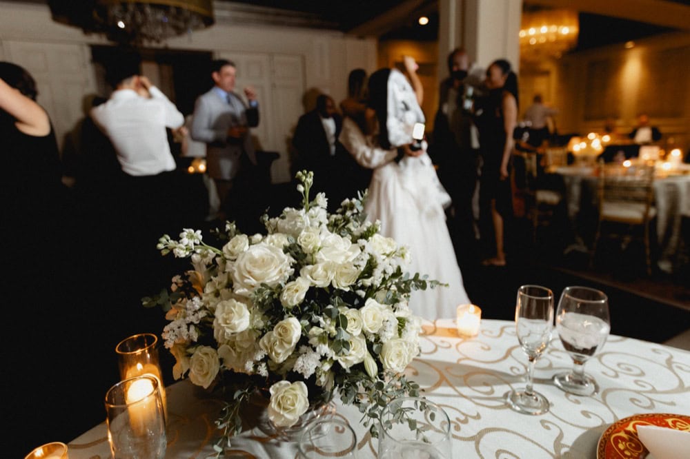 Wedding reception with floral centerpiece in New Orleans.