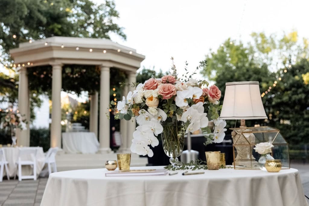 Beautiful wedding reception table with floral centerpiece and elegant decor in New Orleans.