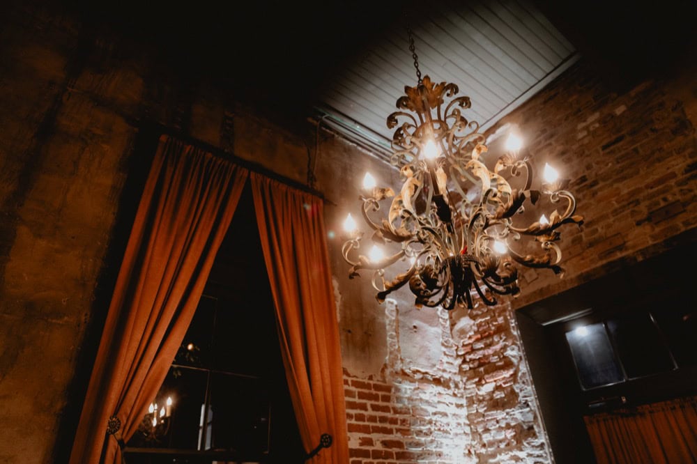 An antique chandelier in Latrobe's on Royal in New Orleans.
