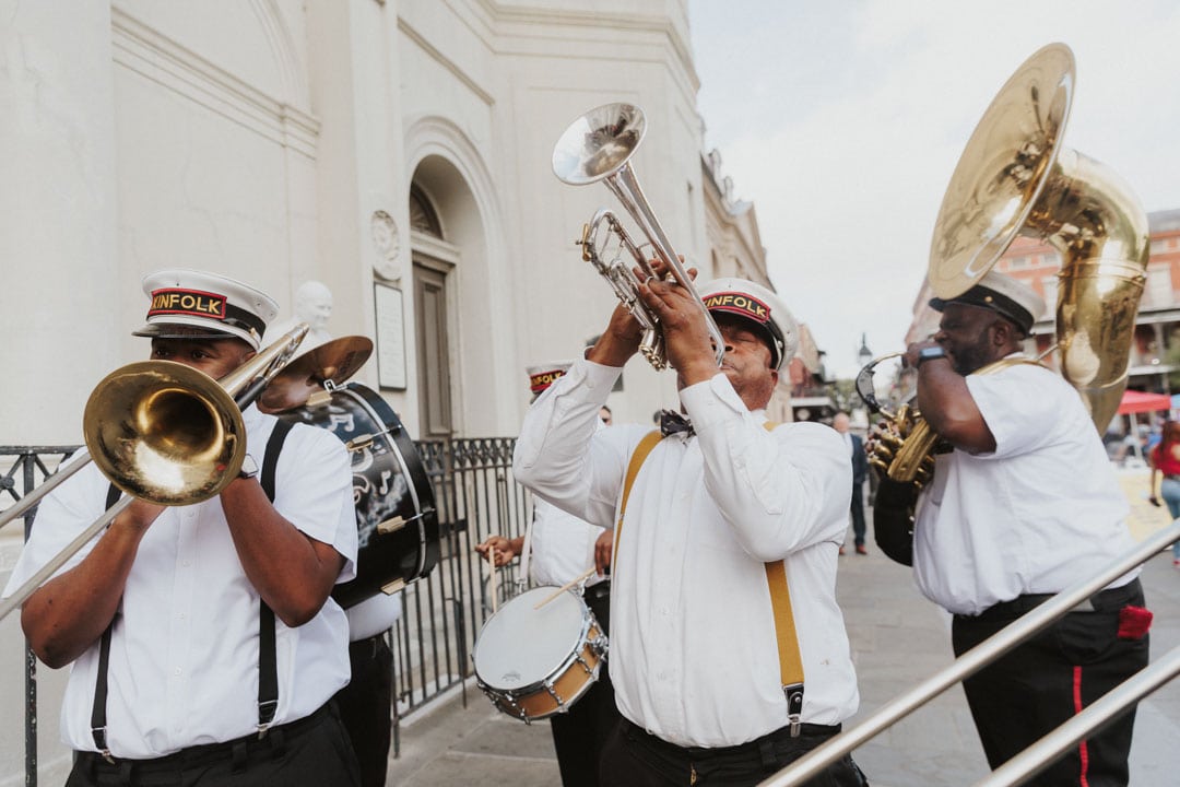 Brass band performing in Jackson Square in New Orleans for a wedding.