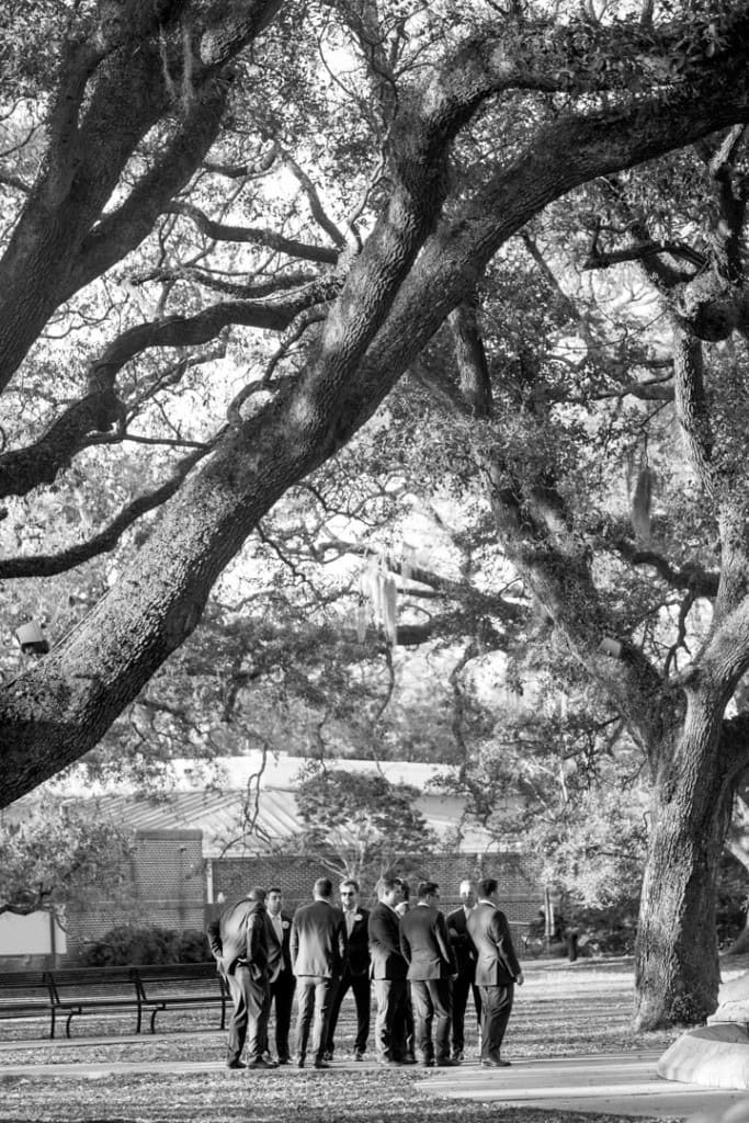Groomsmen in suits under large oak trees in New Orleans.